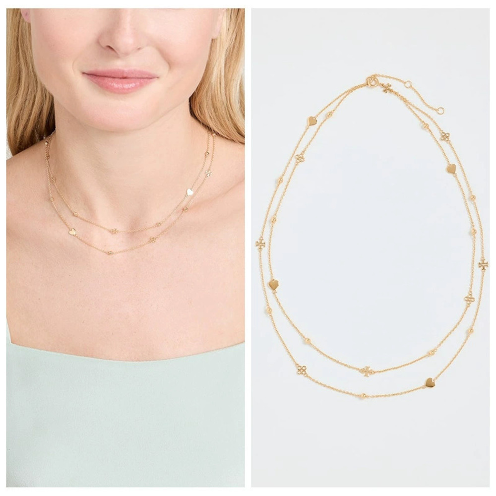 Tory Burch Gold Heart Four Leaf Clover Double Layer Chain Necklace